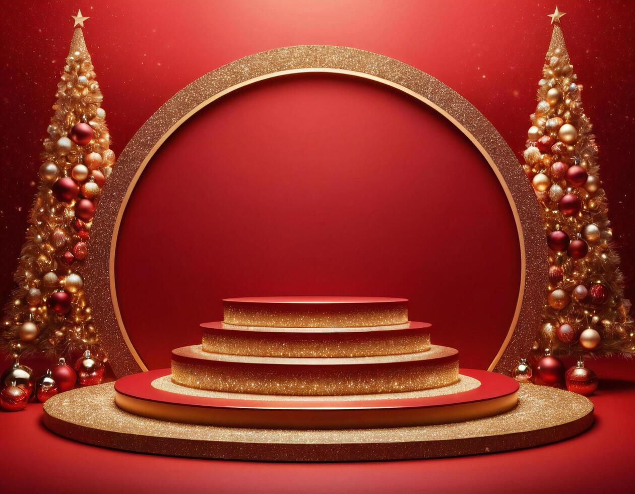 Christmas 3d scene with red podium platform photo