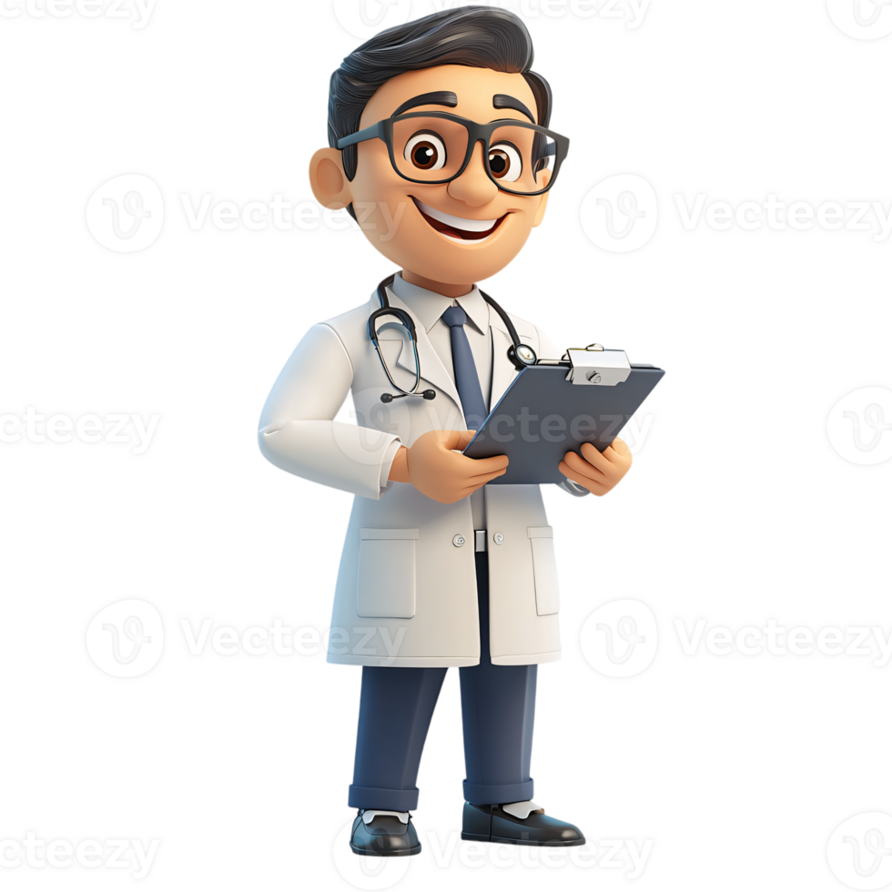 Happy 3D Cartoon Doctor Holding Clipboard Healthcare Medical Checkup png