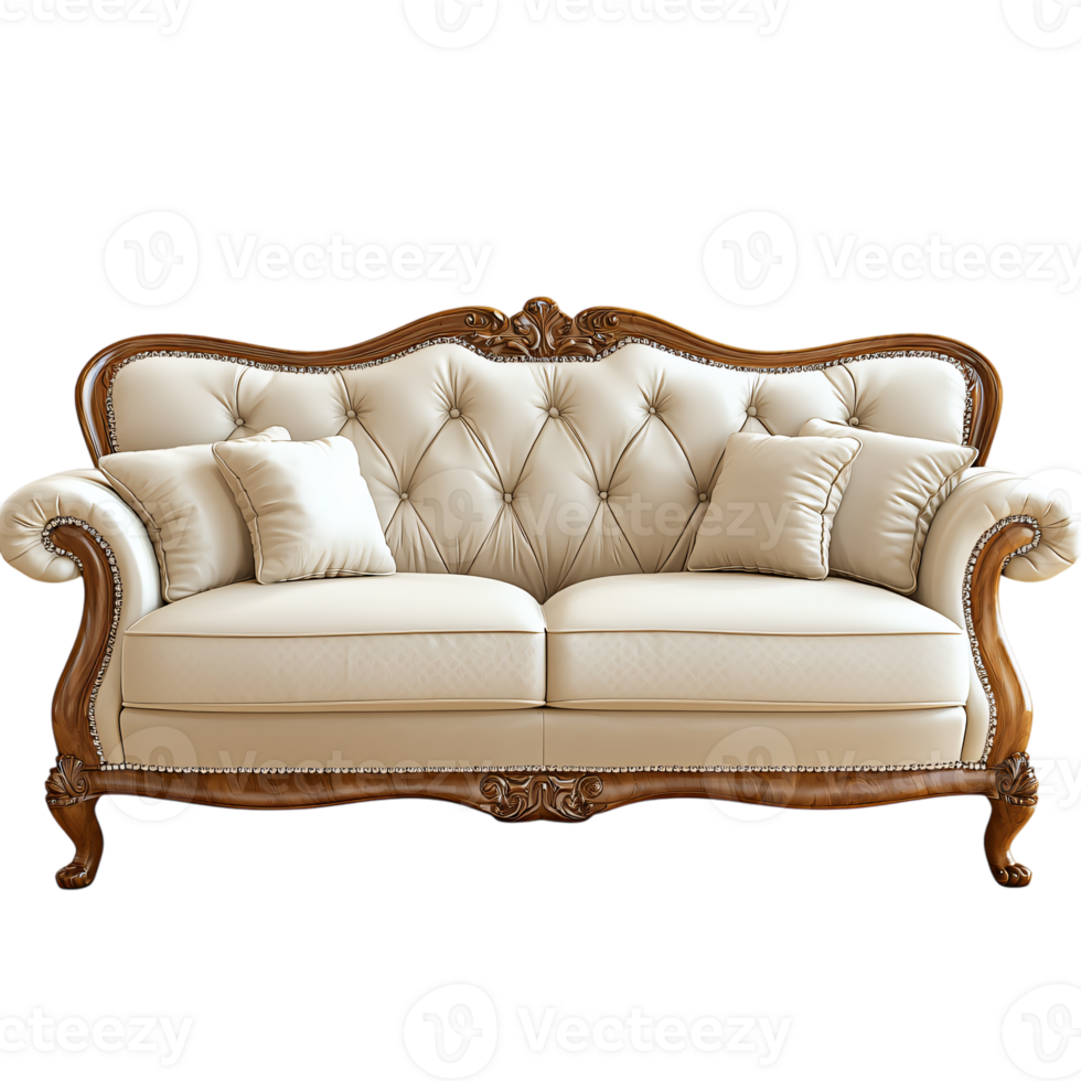 Elegant Cream Leather Sofa Classic Wooden Frame Luxury Living Room Furniture png
