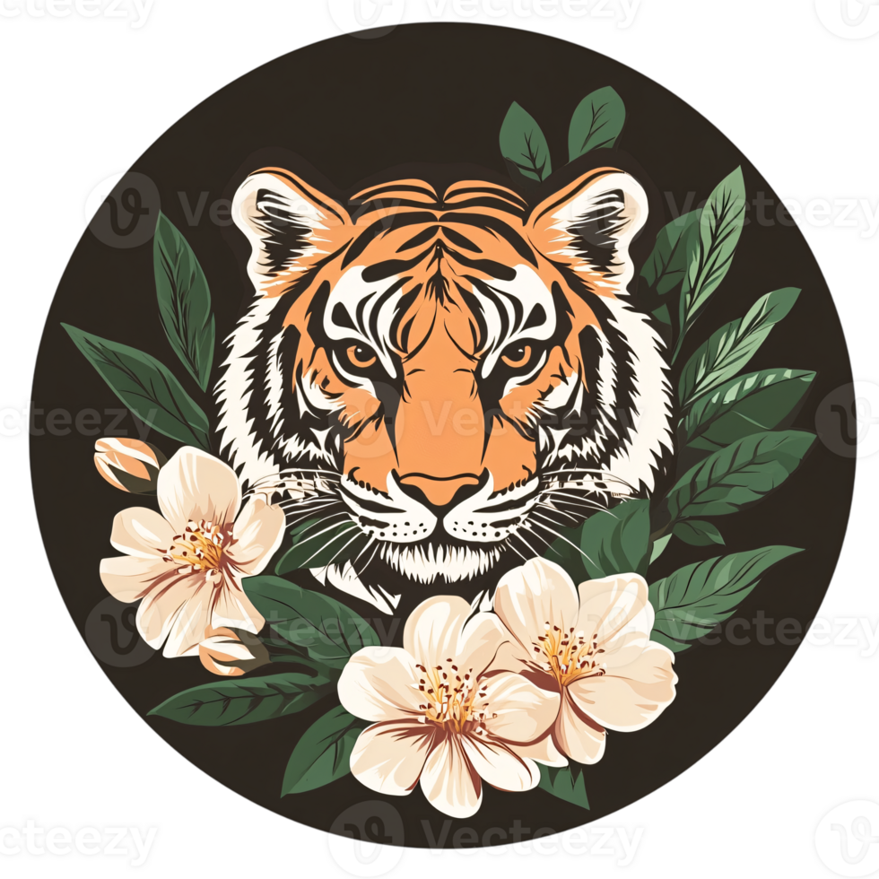 Majestic Tiger Face with Delicate Flowers Dark Background Floral Design png