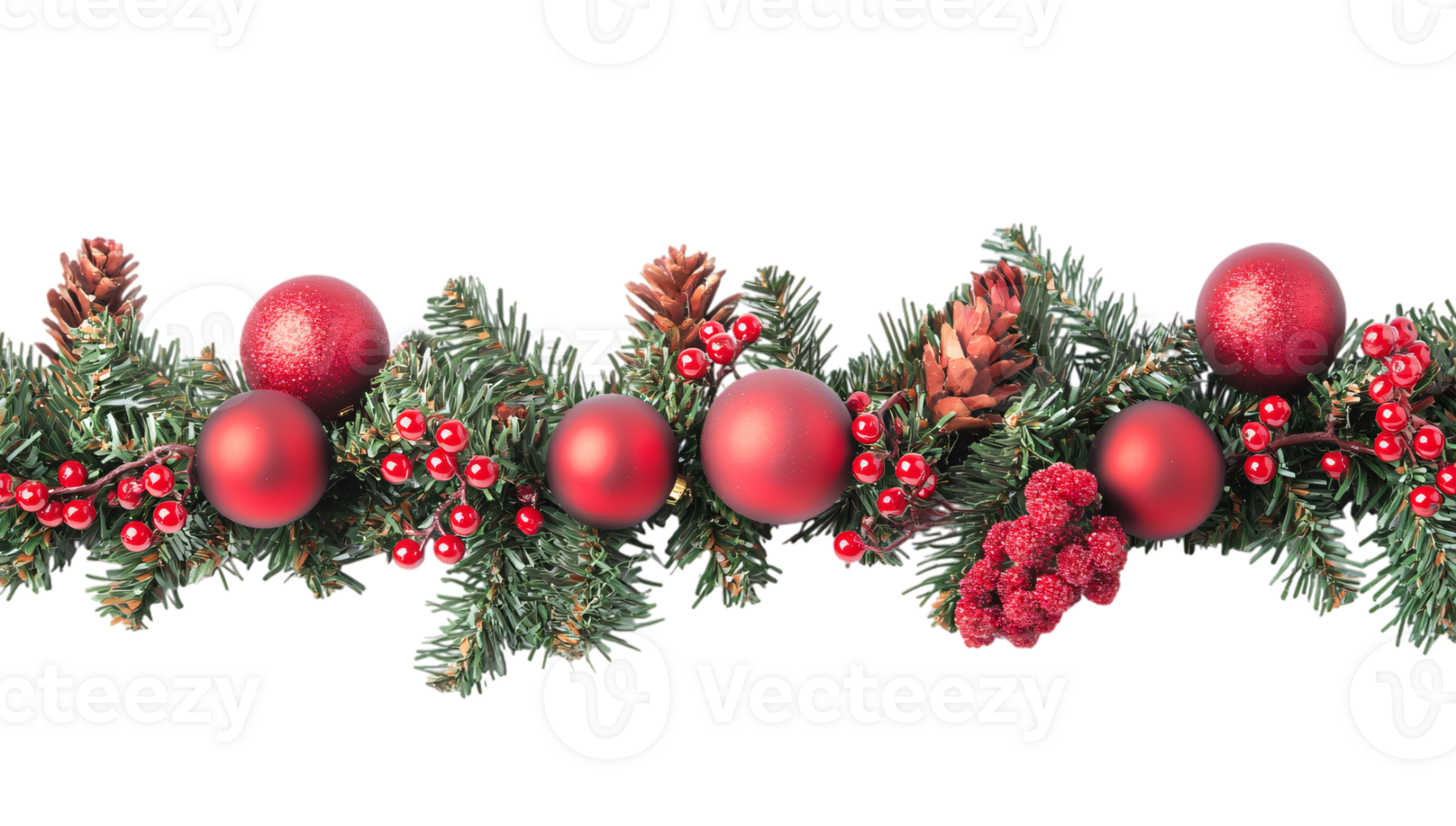 Festive Christmas Garland with Red Ornaments Pine Cones and Berries png