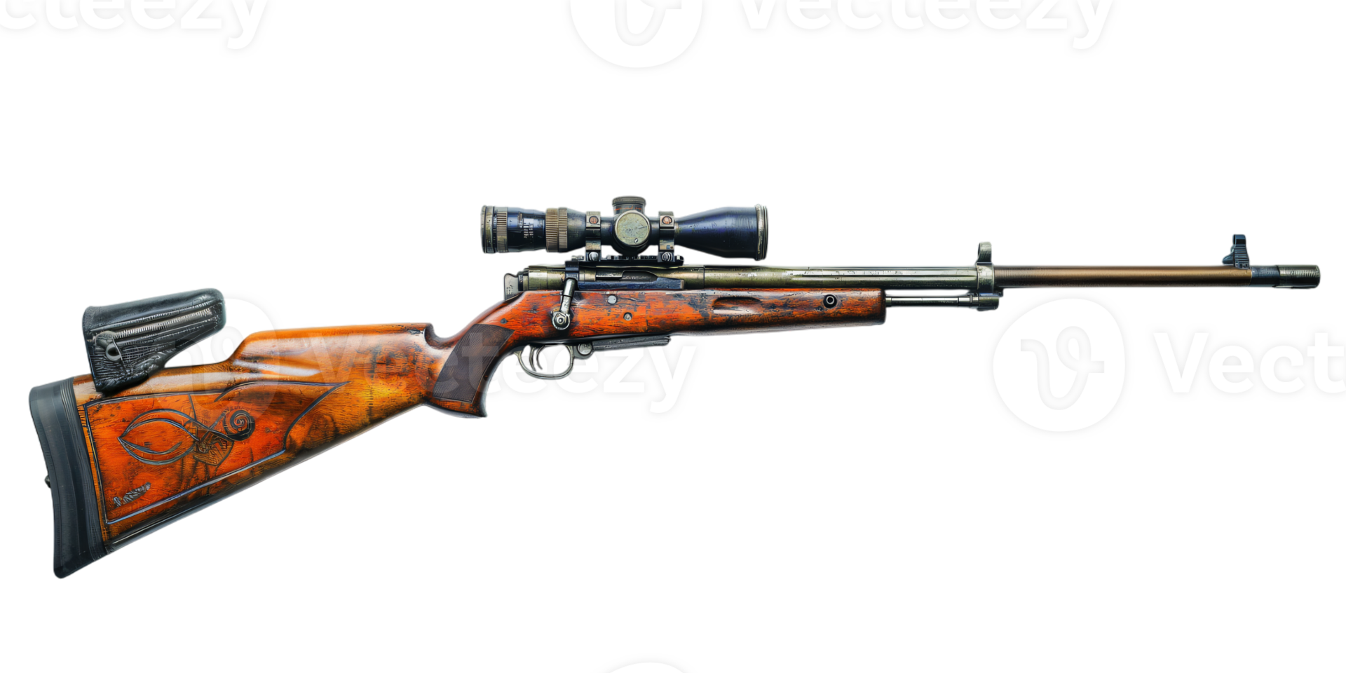 Vintage Hunting Rifle with Scope Carved Stock Isolated png