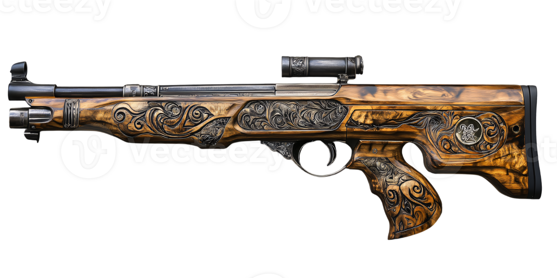Intricate Engraved Hunting Rifle with Scope Luxury Firearm Detailed Carving png