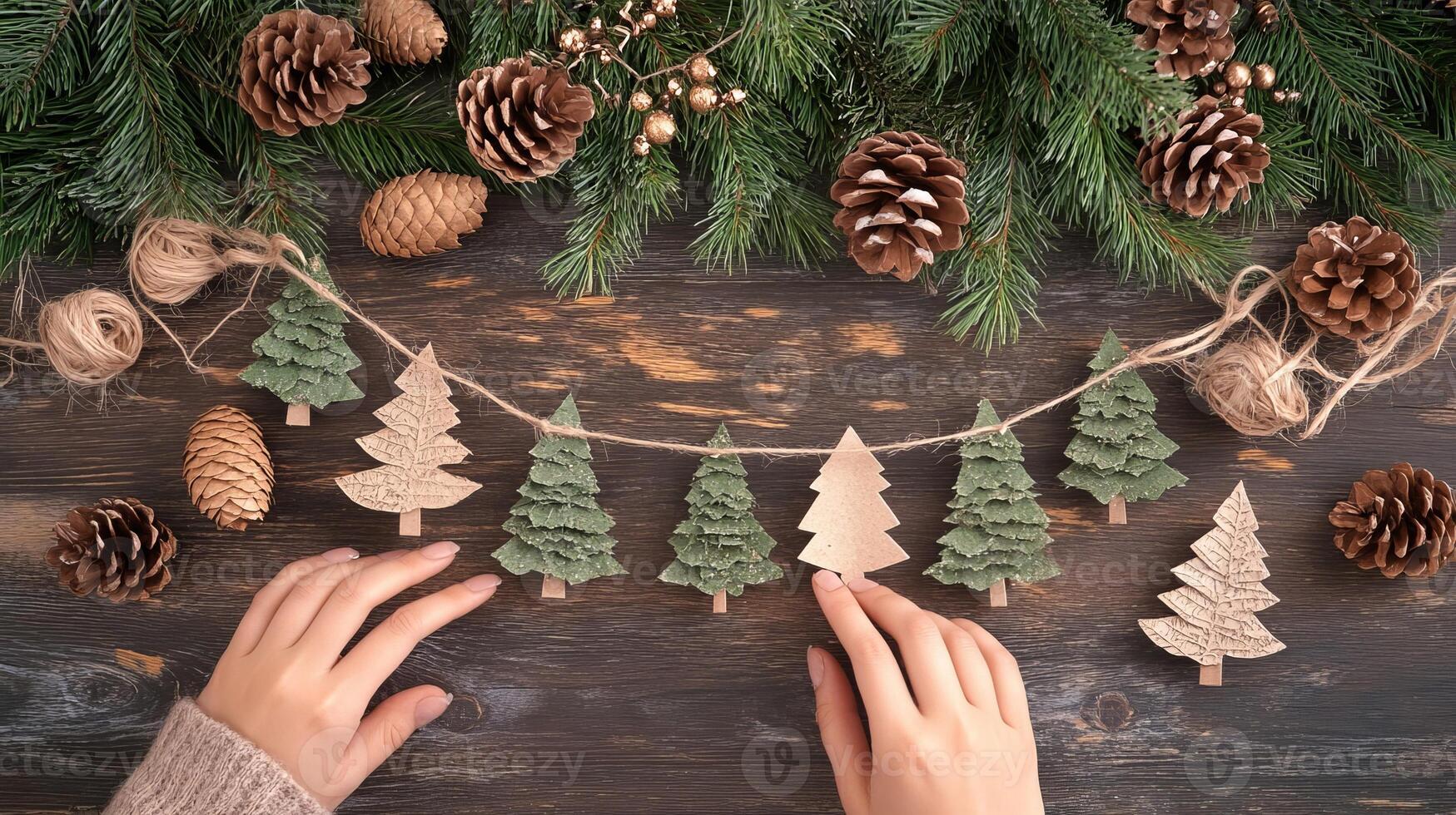 Holiday decoration with paper trees and pine cones on wooden background. Decor and craftwork, eco friendly, sustainable concept. photo