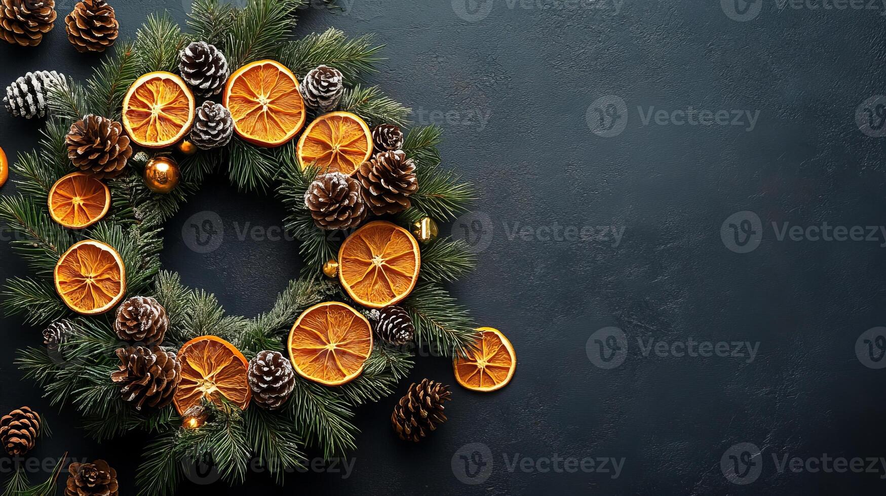 Christmas wreath with dried oranges and pinecones on dark background. Christmas handmade decor and craftwork, eco friendly, sustainable concept. Place for text. photo
