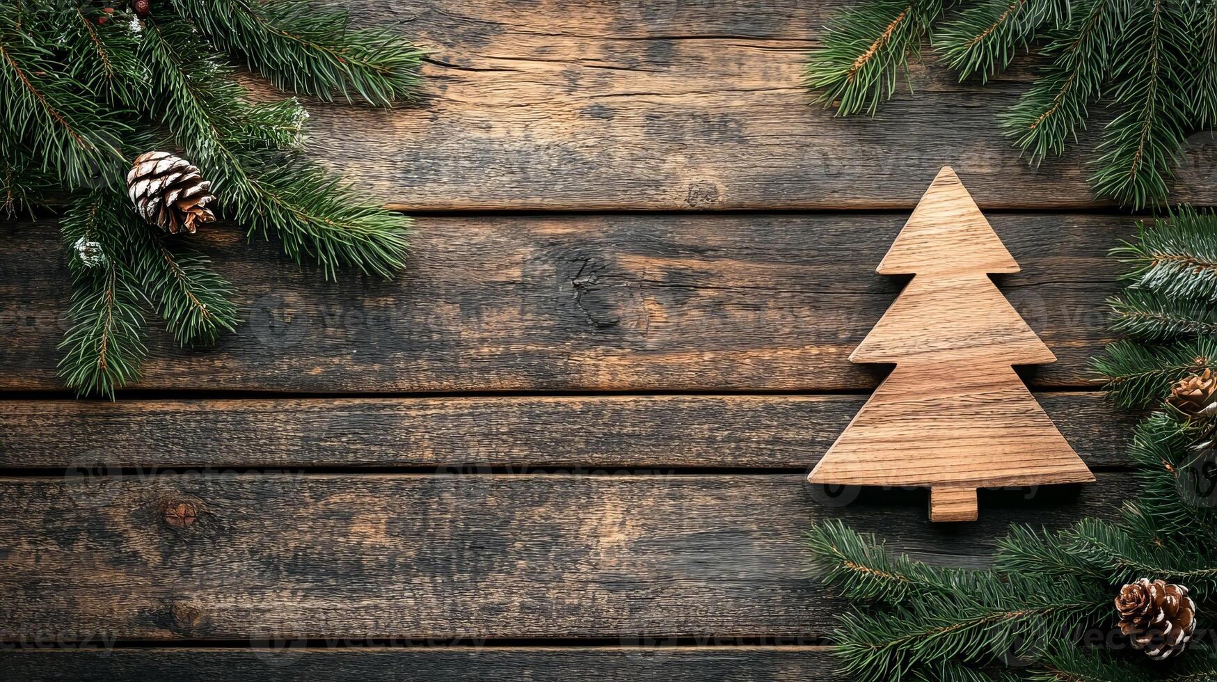 Wooden Christmas tree with pine branches and cones on rustic wooden background. Christmas handmade decor and craftwork, eco friendly, sustainable concept. Place for text. photo