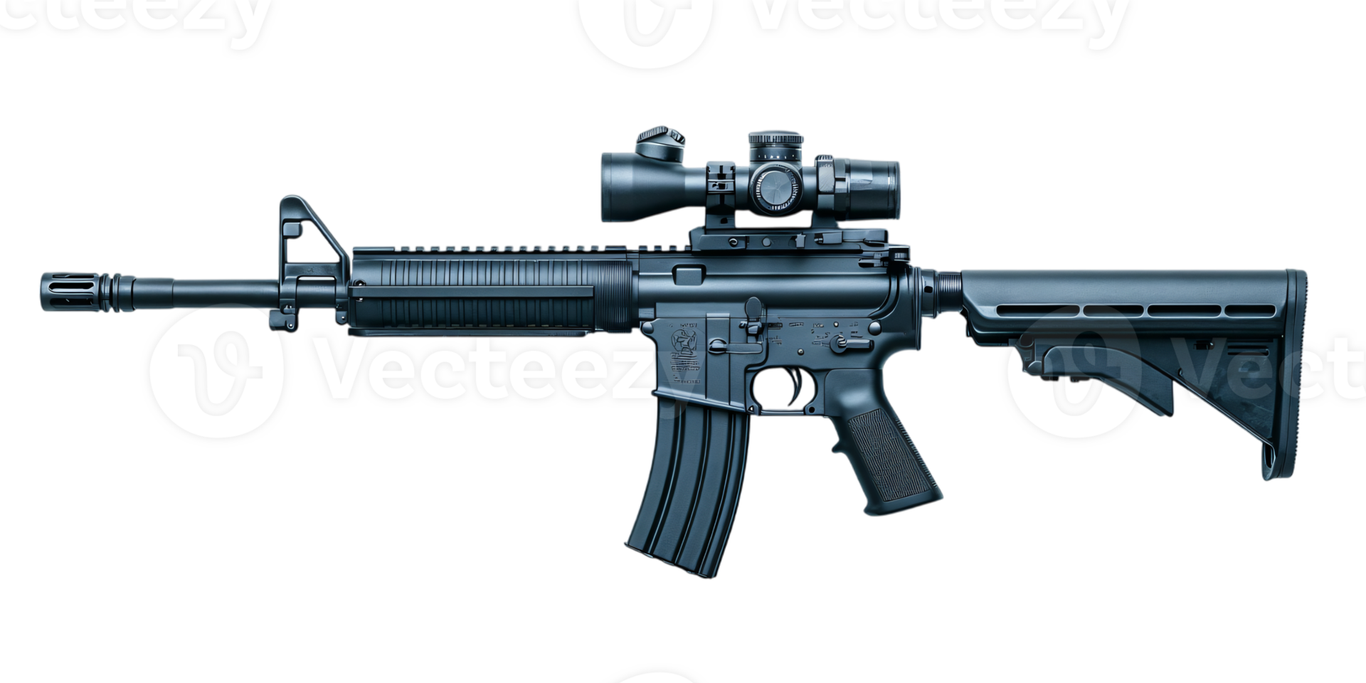 Military Grade Assault Rifle with Scope Dark Background png