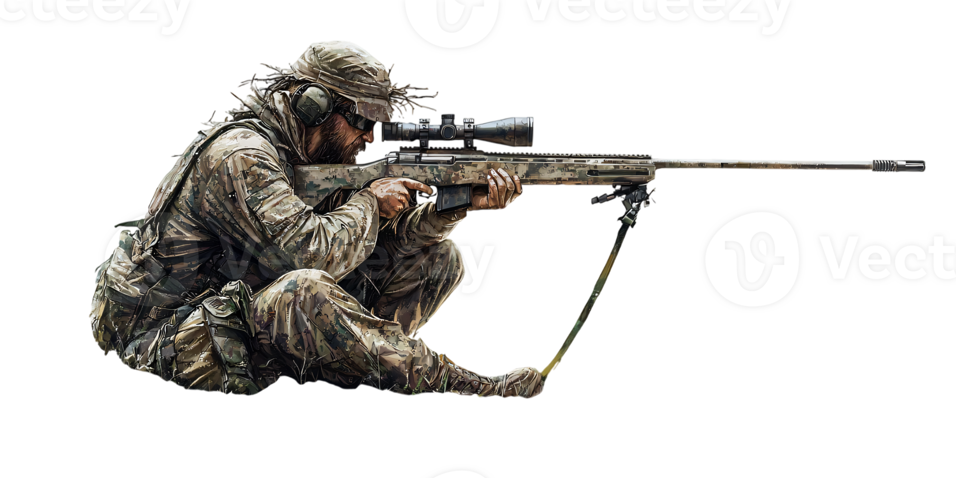 Camouflaged Sniper Targeting with High Powered Rifle png