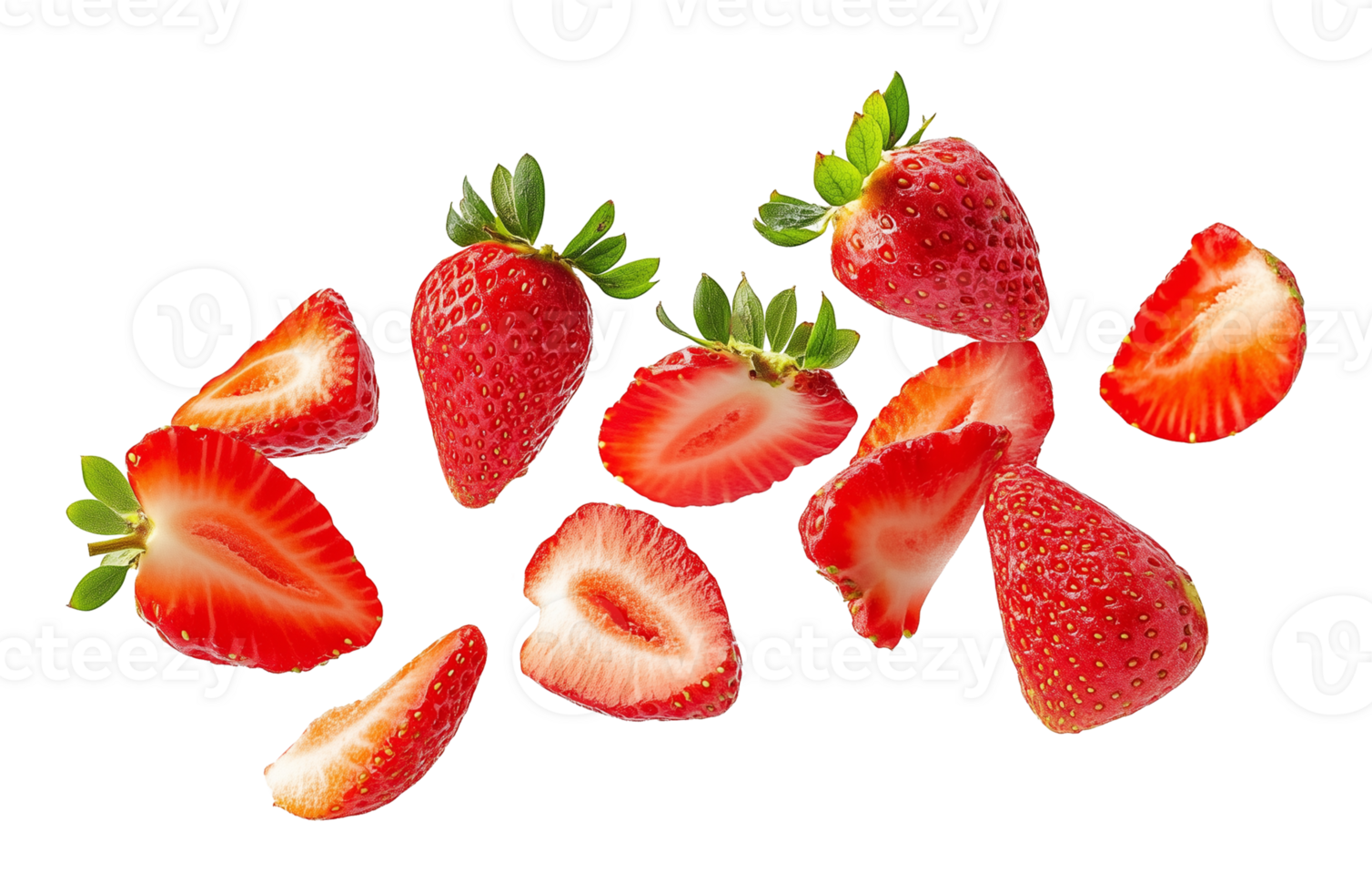 Sliced Strawberries Floating Isolated on Transparent Background png