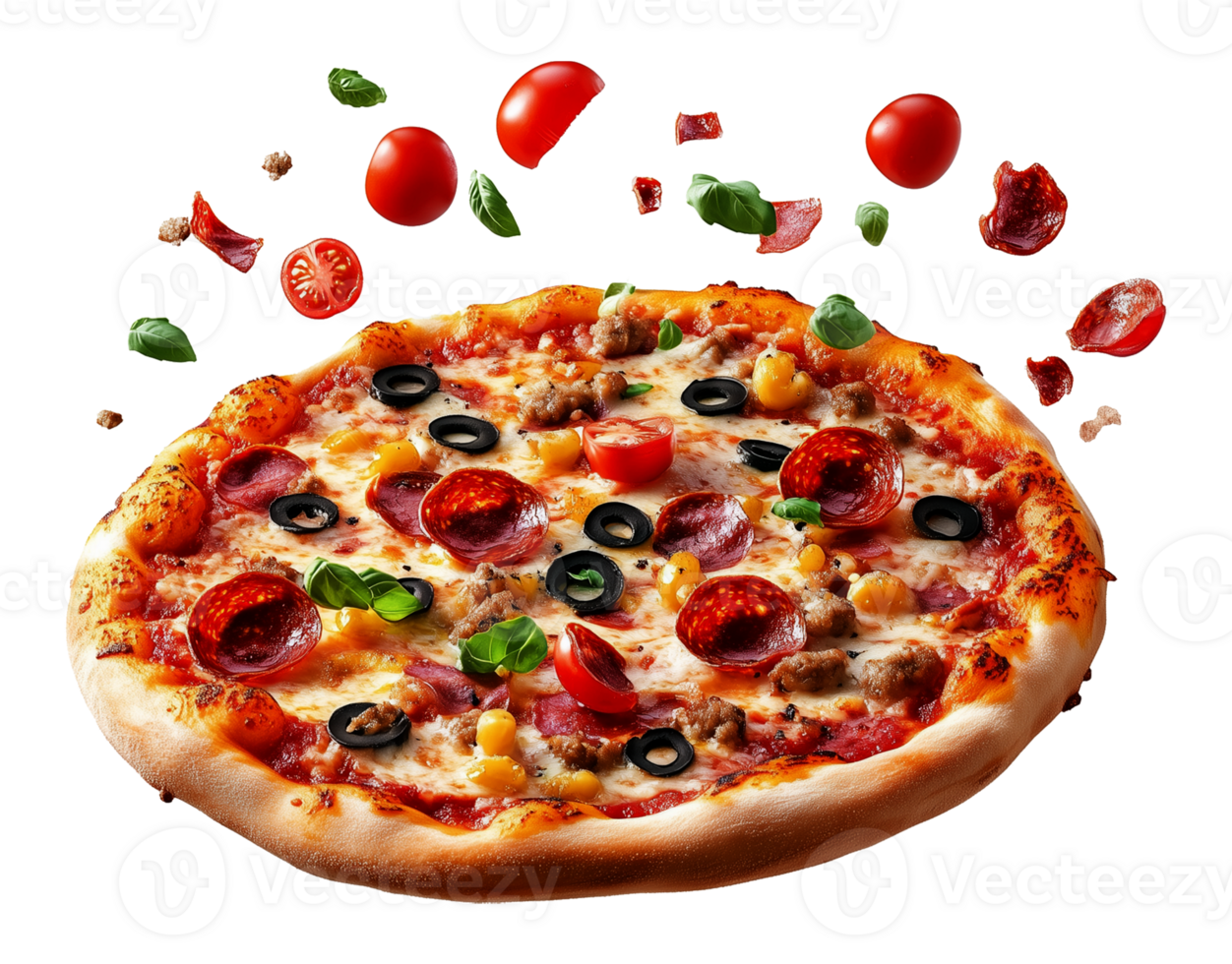 Pizza With Floating Toppings Ingredients Isolated on Transparent Background png
