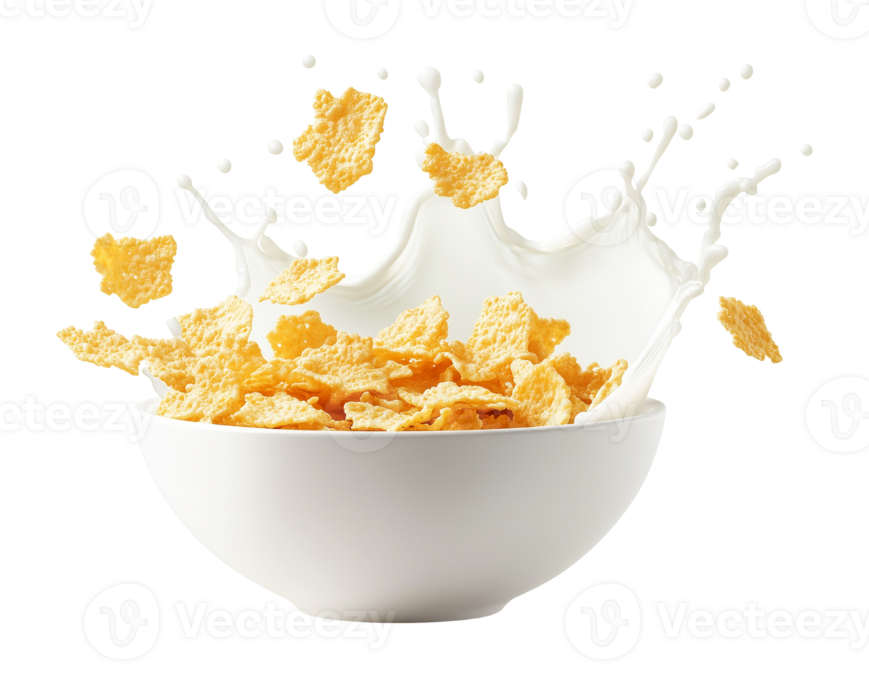 Corn Flakes With Milk Splash Isolated on Transparent Background png