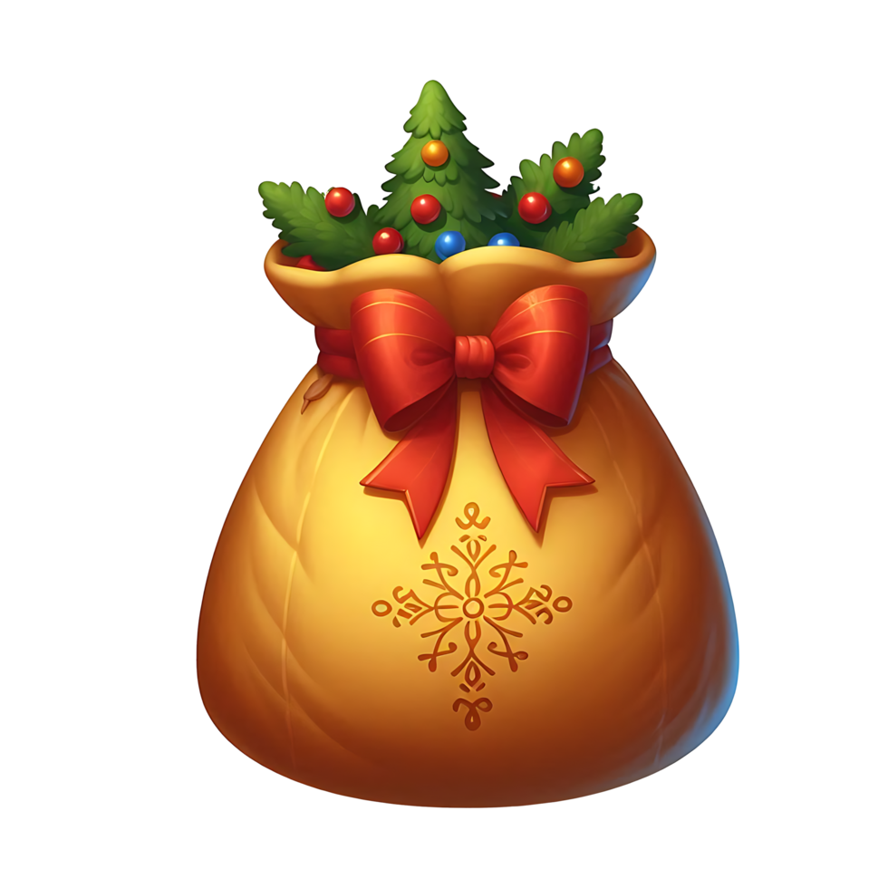 Realistic Yellow Christmas Sack Fill With Cranberries fruit and leaves png