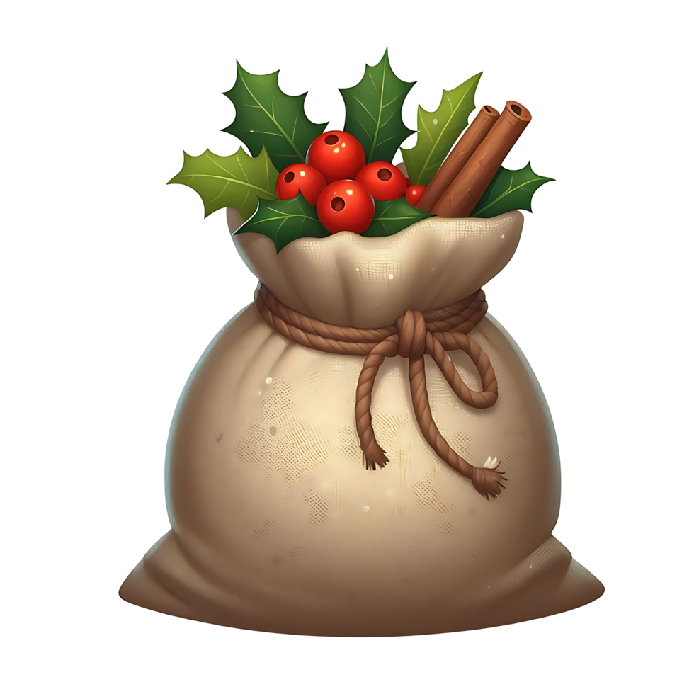 Realistic Christmas Sack Fill With Cranberries and leaves png