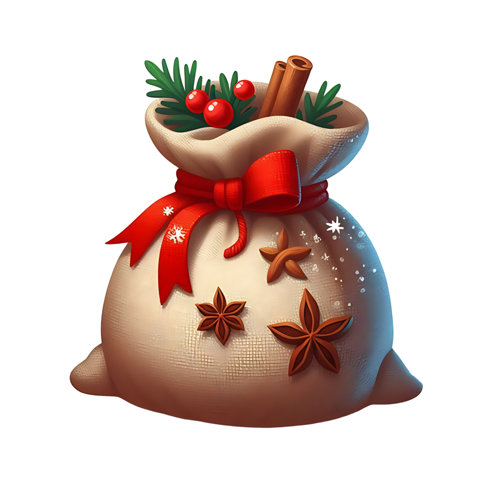 Realistic Red Ribbon Tied Christmas Sack Fill With Gifts and Cranberries png