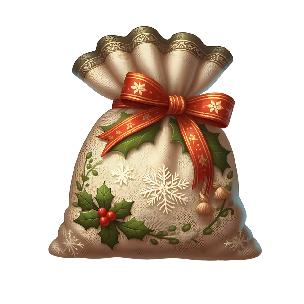 Realistic Handicraft Christmas Sack Fill With Gifts and tie by a red ribbon png