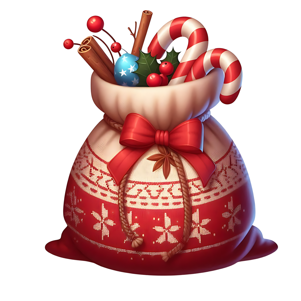 Realistic Christmas Sack Fill With Gifts and tie by rope and red ribbon png