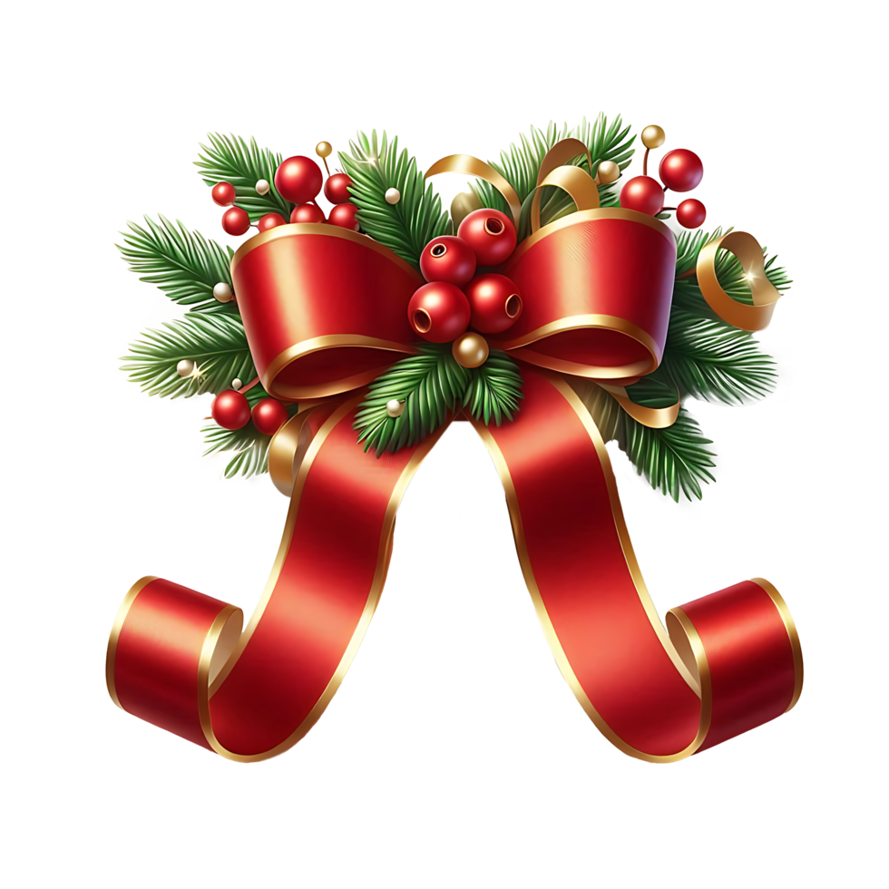 Beautiful Realistic Glosy Red Gold Christmas Ribbon Bow With Cranberries png