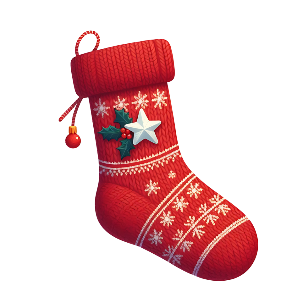 Beautiful Realistic Red Christmas Sock With Ball Star and Cranberries png
