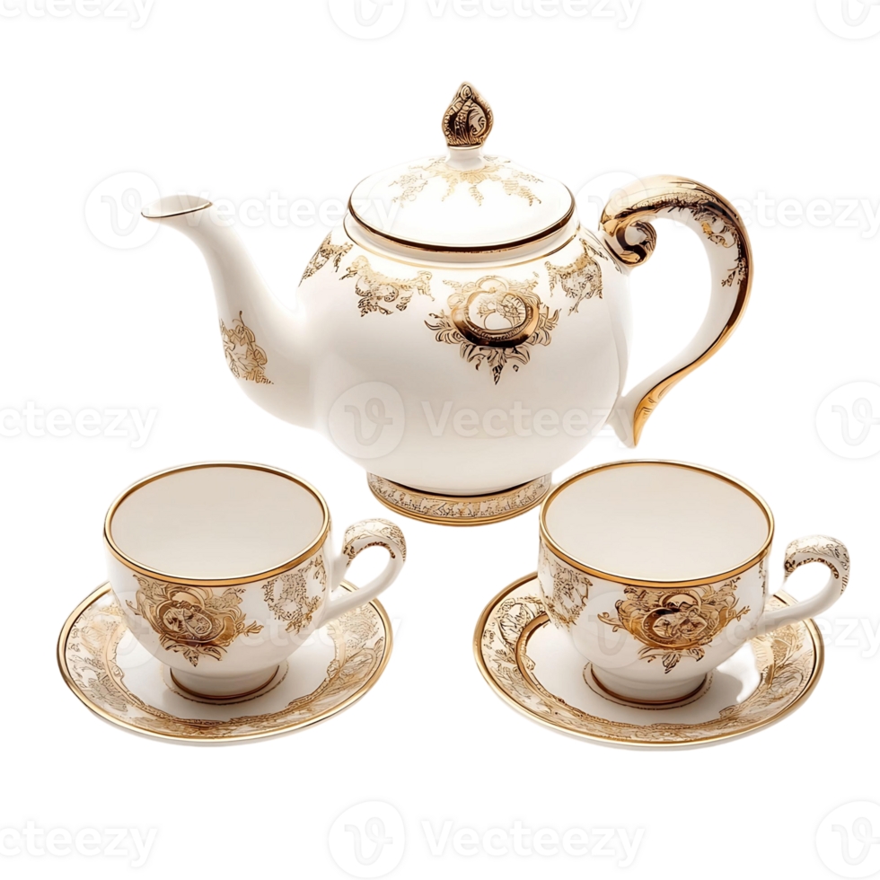 A tea set with a teapot and cups isolated on a transparent background png