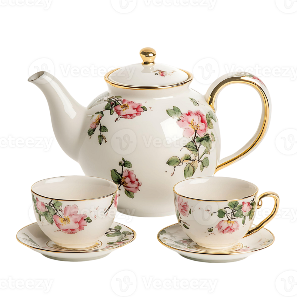 A tea set with a teapot and cups isolated on a transparent background png