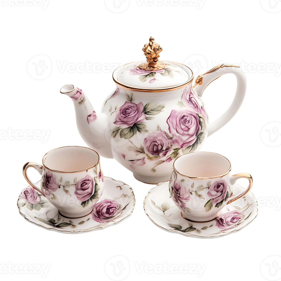 A tea set with a teapot and cups isolated on a transparent background png
