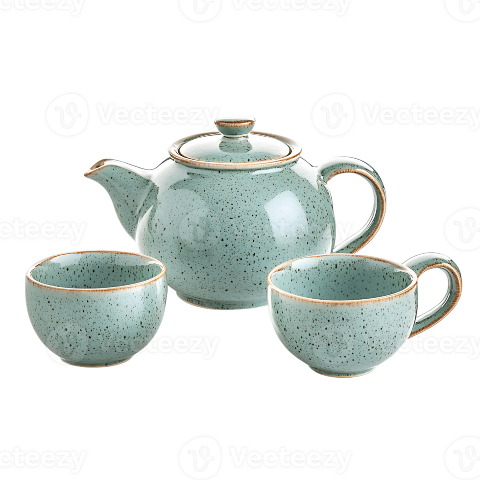 A tea set with a teapot and cups isolated on a transparent background png