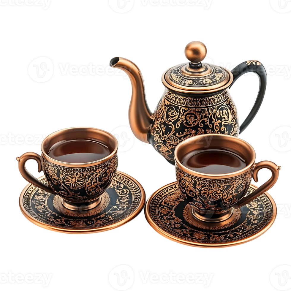 A tea set with a teapot and cups isolated on a transparent background png