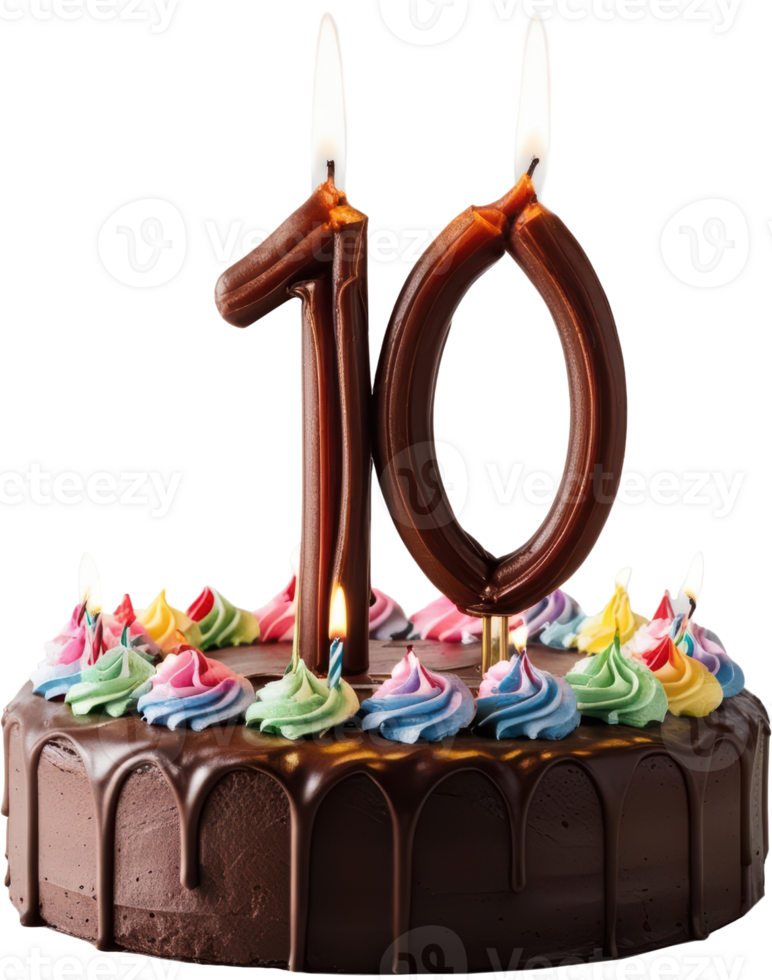 Chocolate birthday cake topped with dripping icing, colorful frosting swirls, and lit number 10 chocolate candles. Perfect for celebrations or anniversaries, isolated on white background. png