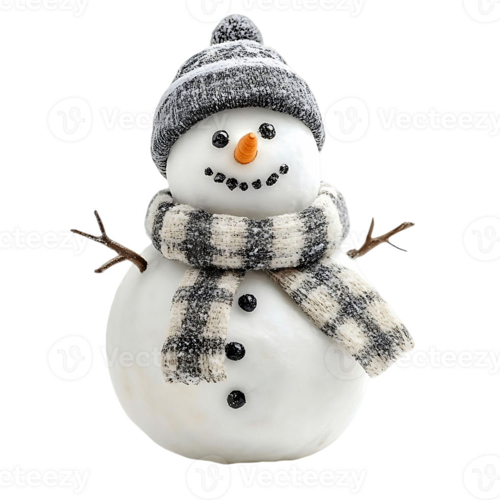 A cheerful snowman made of snow isolated on a transparent background png