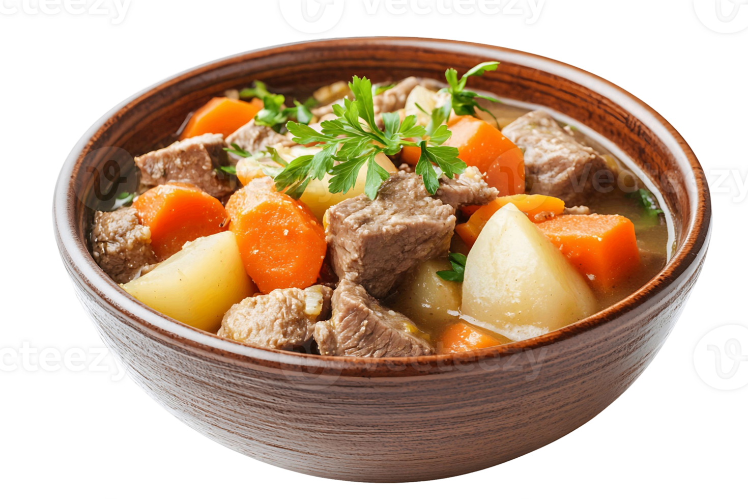 A bowl of soup with meat and carrots isolated on transparent background png