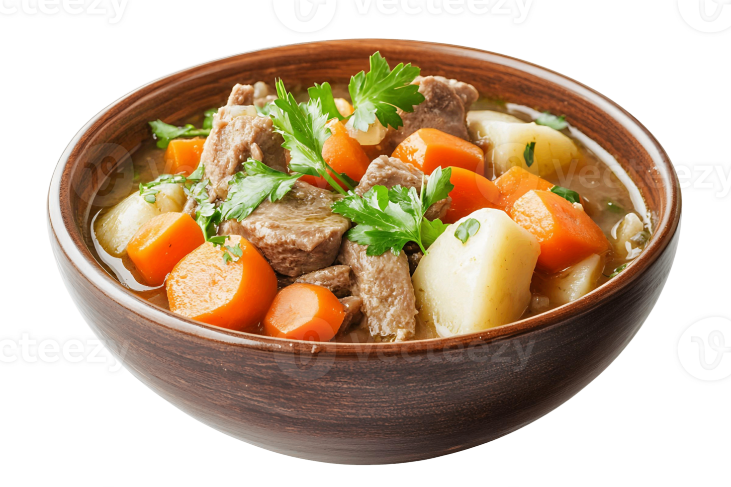 A bowl of soup with meat and carrots isolated on transparent background png