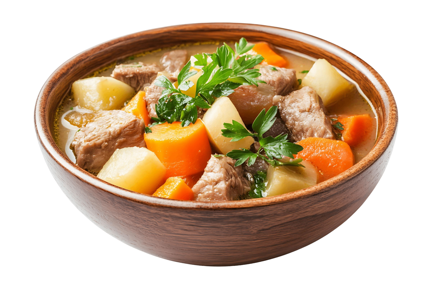 A bowl of soup with meat and carrots isolated on transparent background png