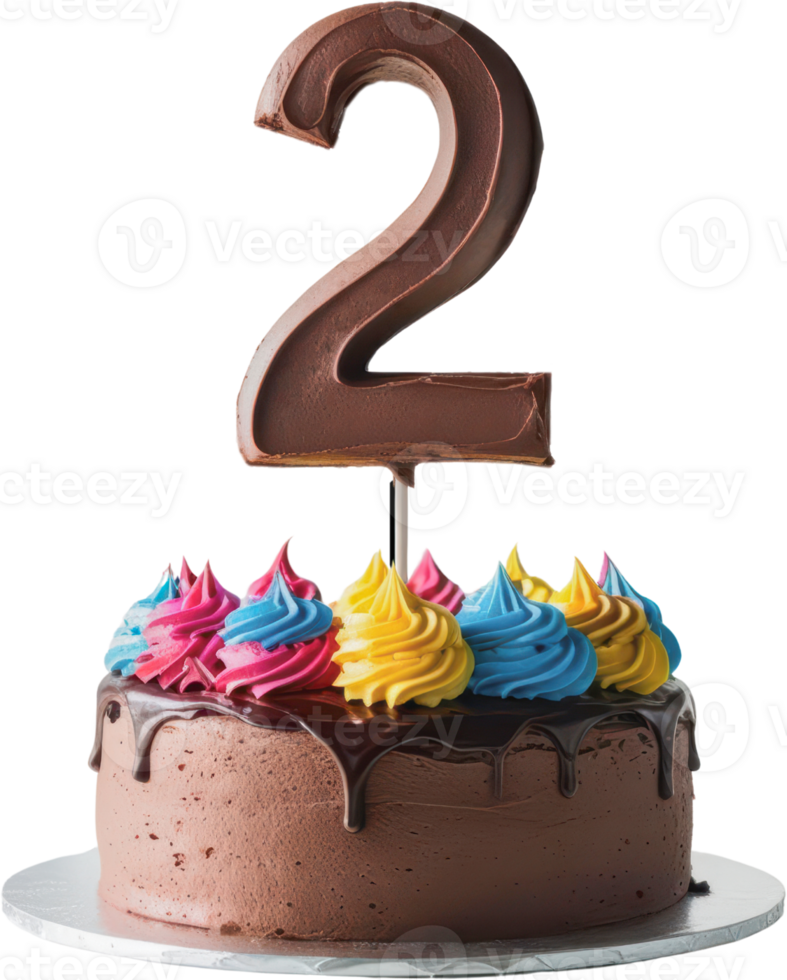 Chocolate birthday cake topped with colorful frosting swirls and a number 2 chocolate candle. Perfect for celebrations, anniversaries, or milestones, isolated on white or transparent background. png
