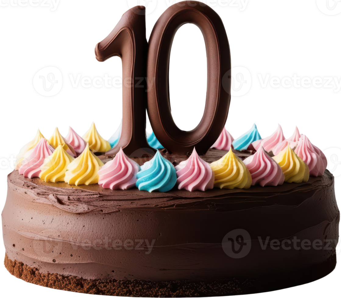 Chocolate birthday cake decorated with colorful frosting swirls and number 10. Perfect for celebrations, milestones, or anniversaries, isolated on a transparent background. png