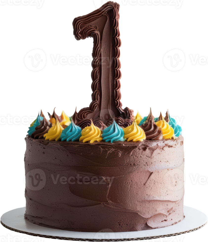 Delightful chocolate birthday cake featuring a vibrant number one topper. Perfect for first birthday celebrations, this cake is a sweet centerpiece for any festive occasion. png