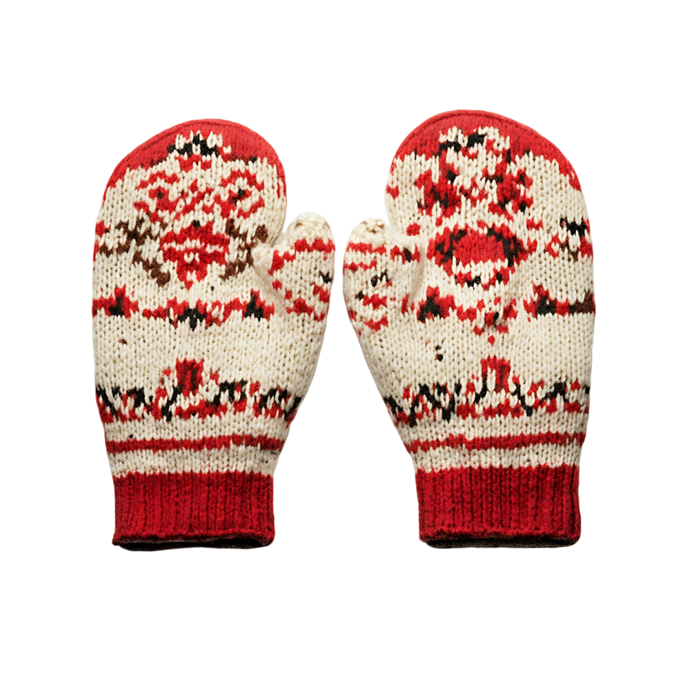 Two knit mittens with a colorful pattern png