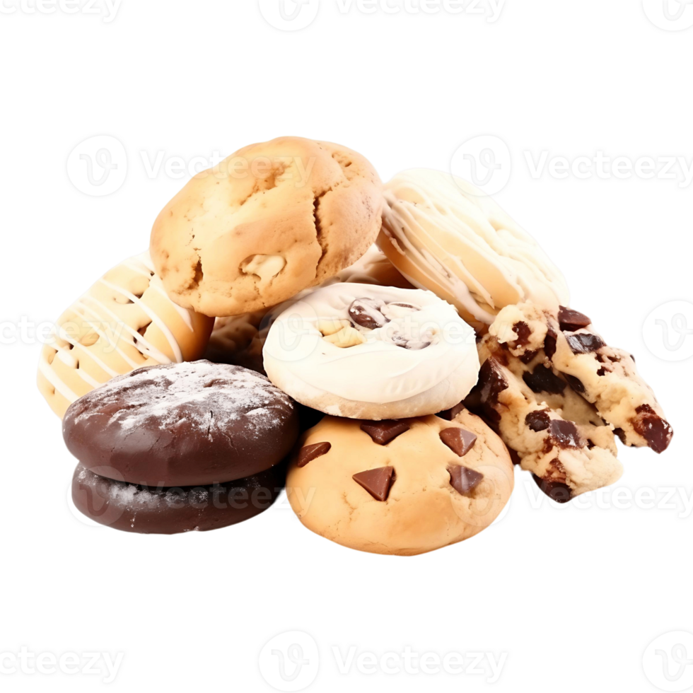 A pile of assorted cookies and pastries, including chocolate chip cookies isolated on a transparent background png