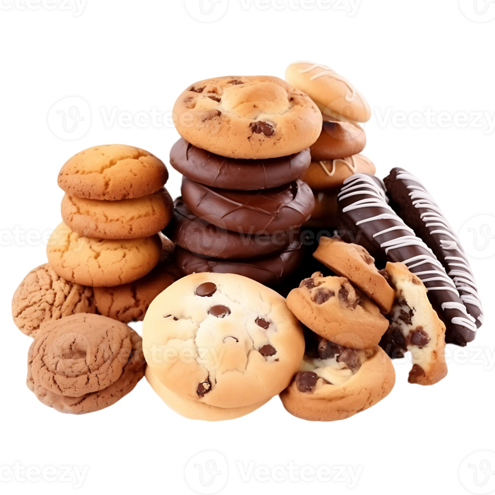 A pile of assorted cookies and pastries, including chocolate chip cookies isolated on a transparent background png