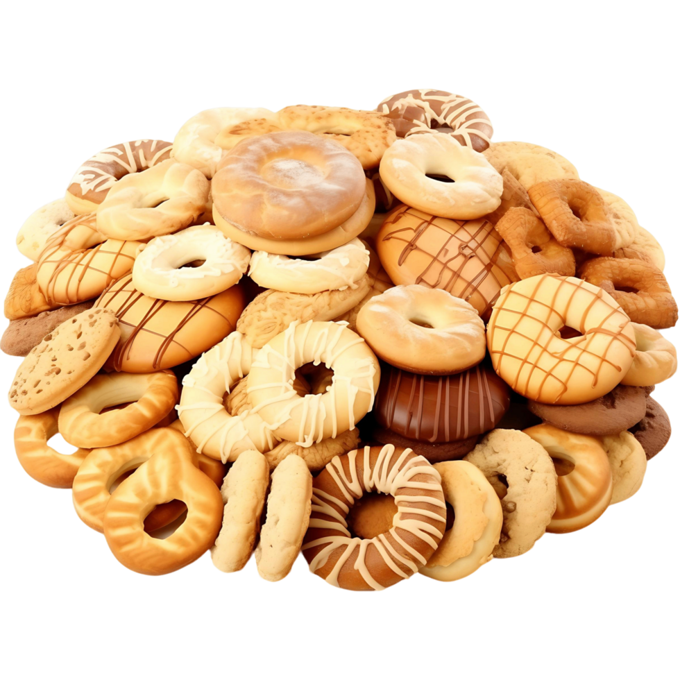A pile of assorted cookies and pastries, including chocolate chip cookies isolated on a transparent background png
