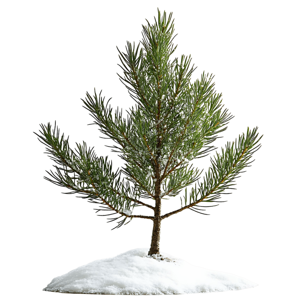 A small pine tree is standing on a snowy hill isolated on a transparent background png