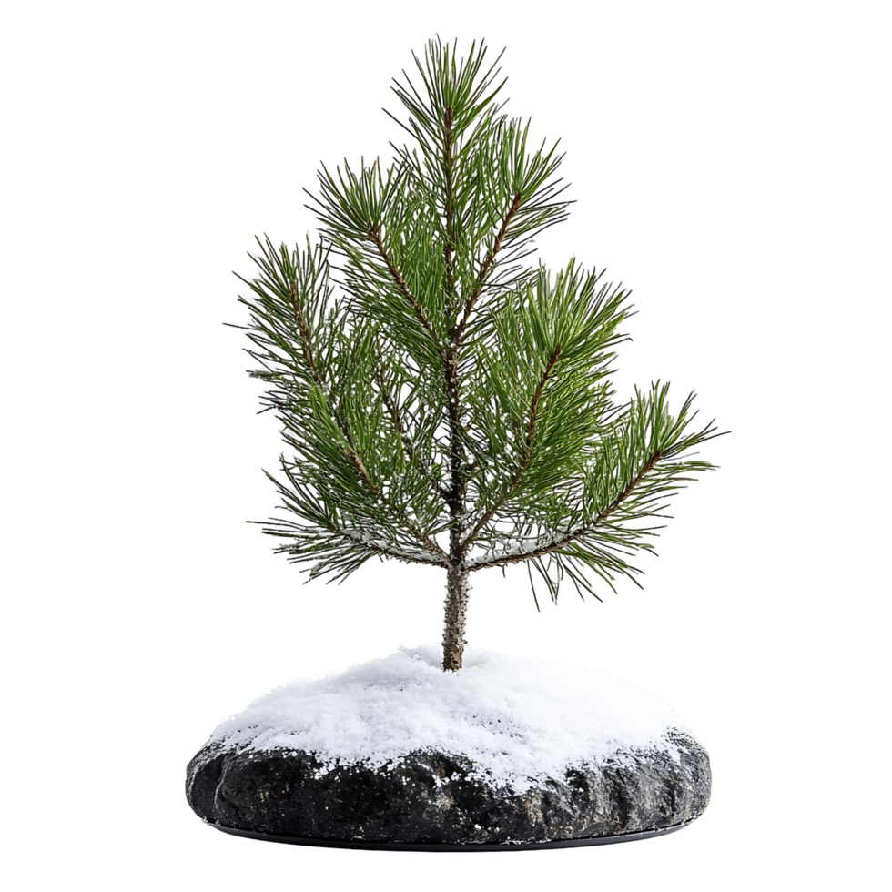 A small pine tree is standing on a snowy hill isolated on a transparent background png