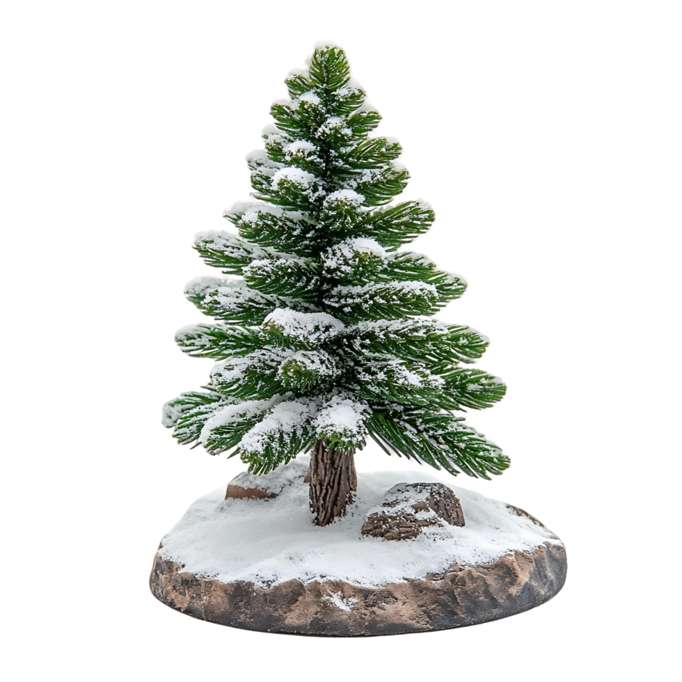A small pine tree is standing on a snowy hill isolated on a transparent background png