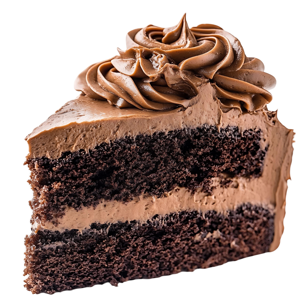 A slice of chocolate cake with frosting, isolated on a transparent background png