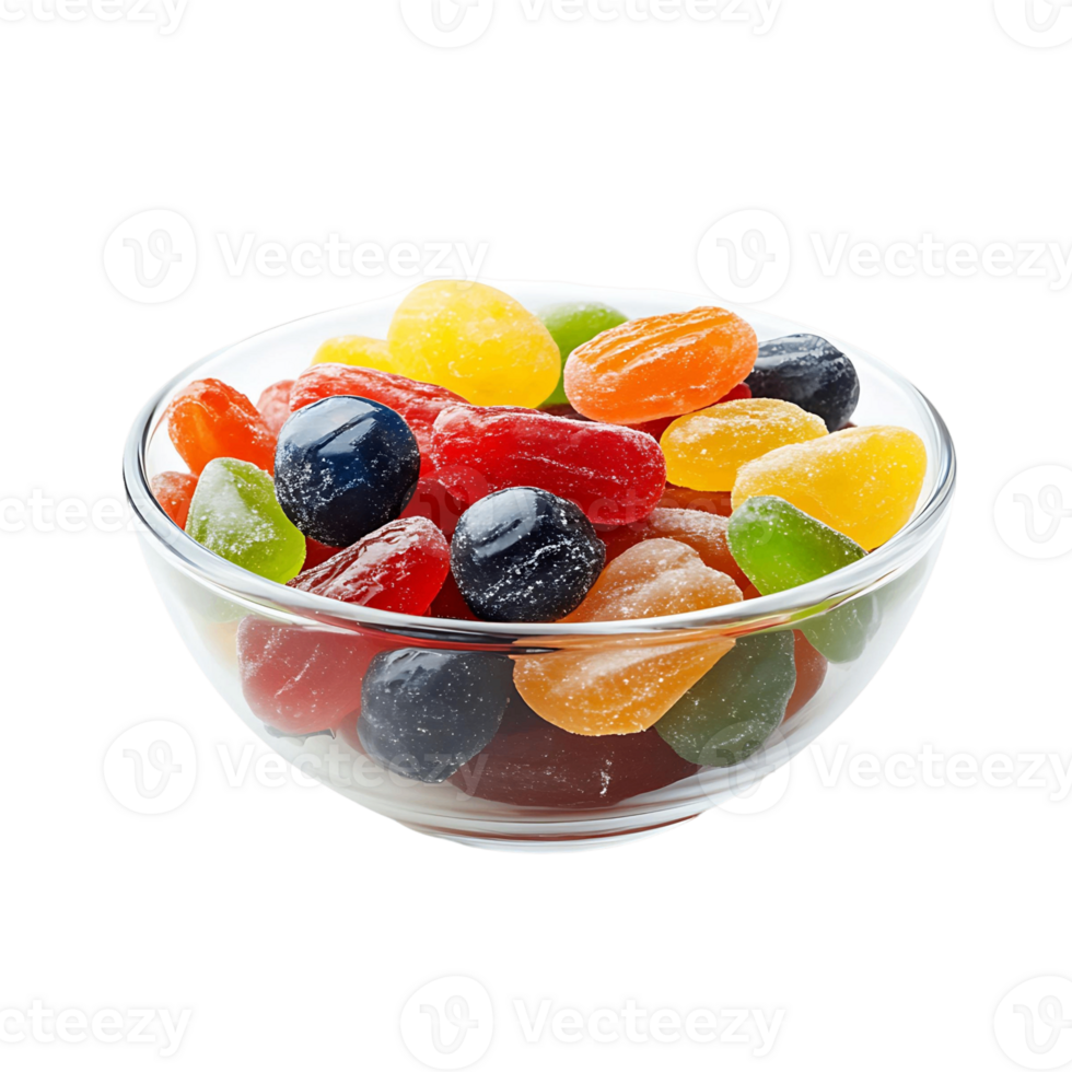 A variety of candied fruits in a bowl, isolated on a transparent background png