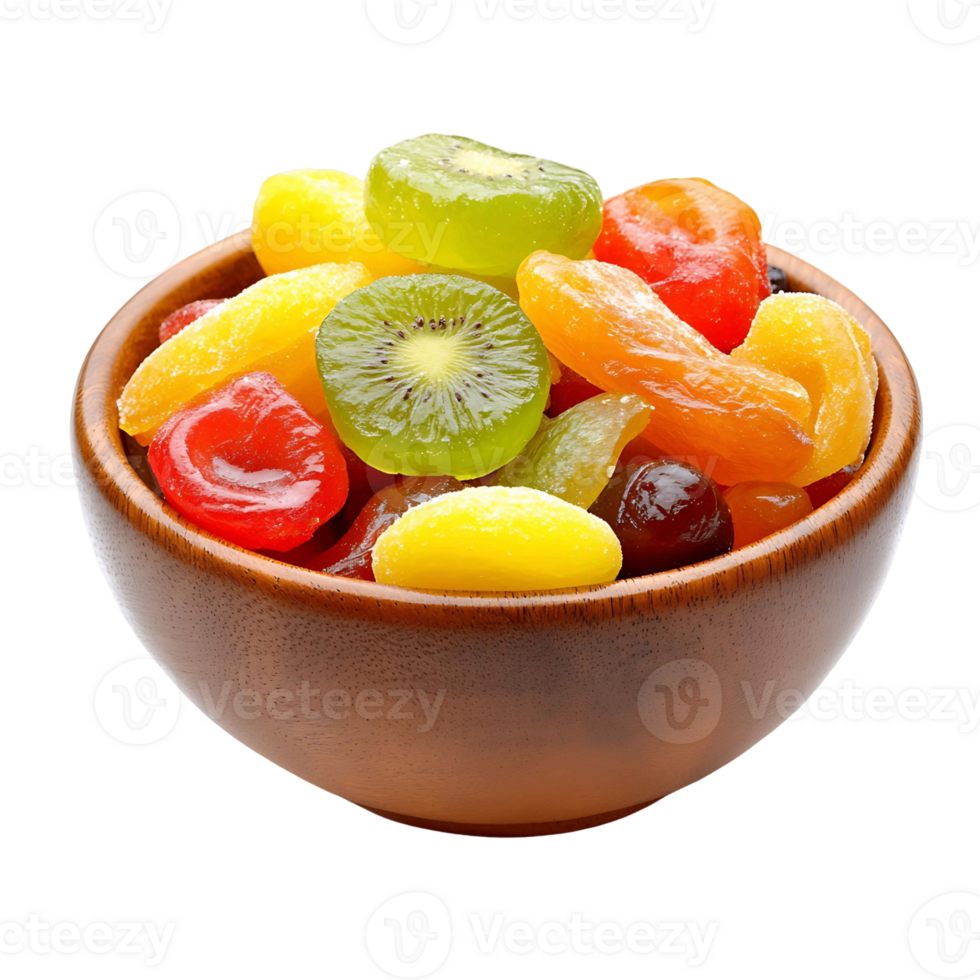 A variety of candied fruits in a bowl, isolated on a transparent background png