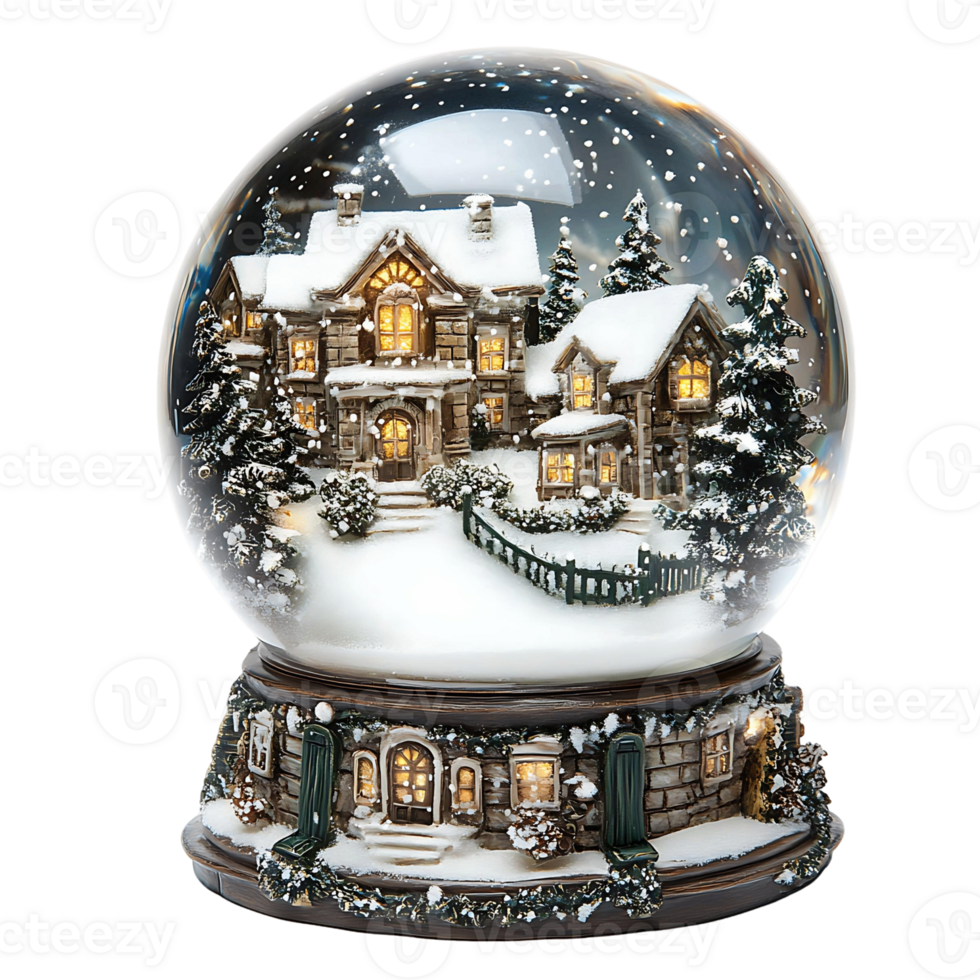 A snow globe with a winter scene inside isolated on a transparent background png