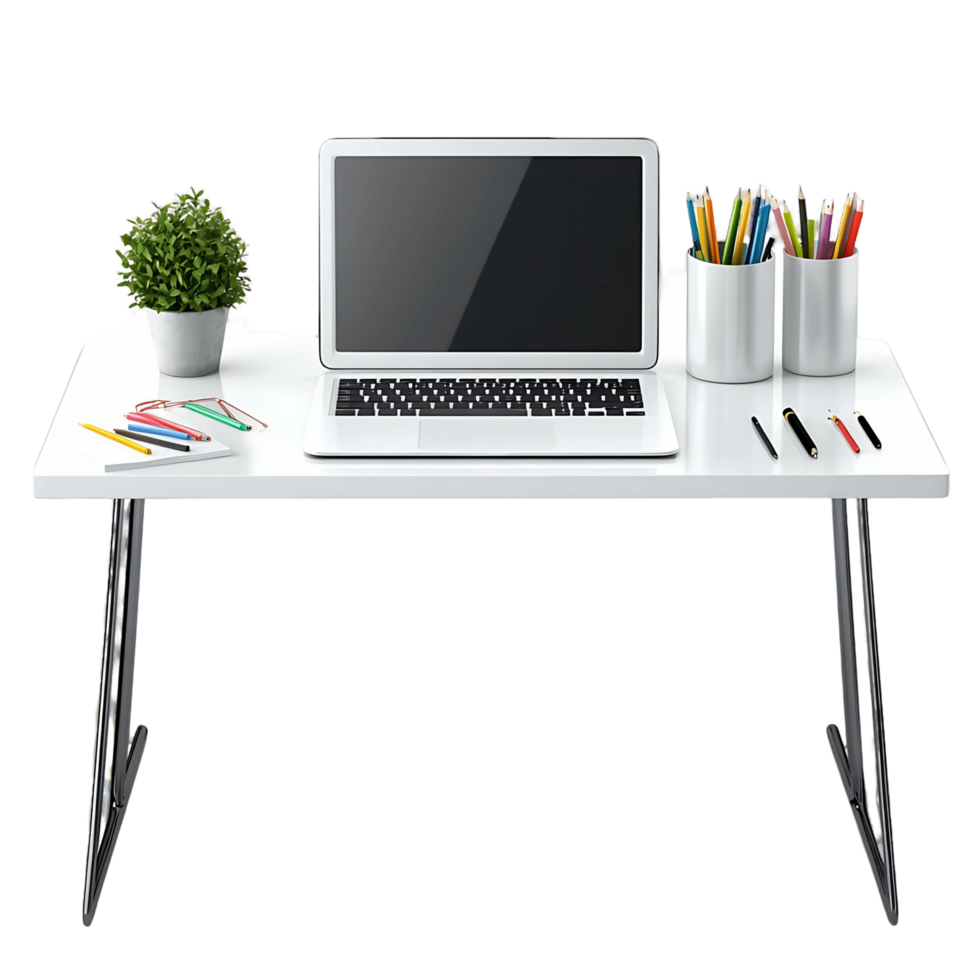 Modern Minimalist Workspace Setup White Laptop Table with Accessories png