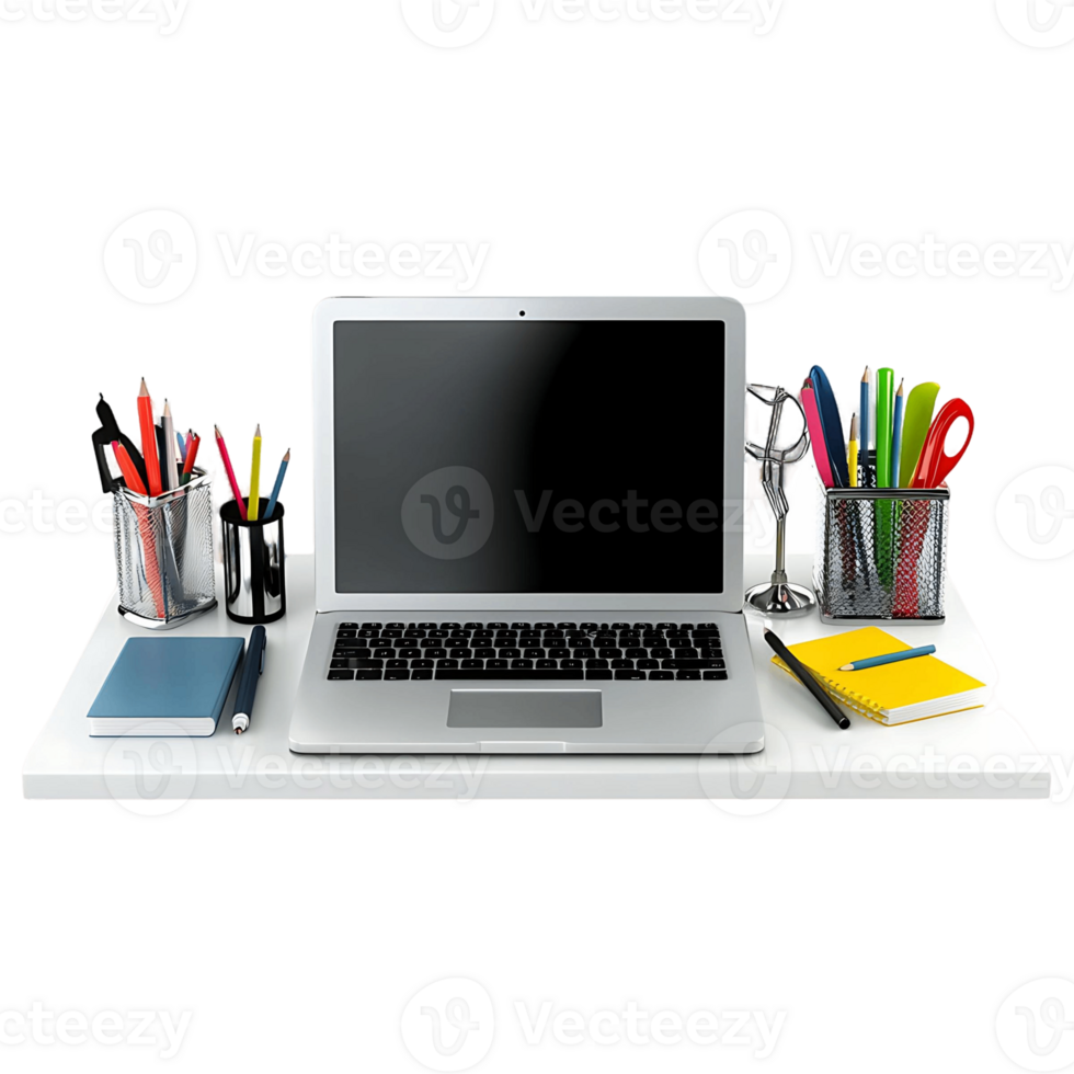 A laptop sits on a desk with a variety of colorful pens and pencils png