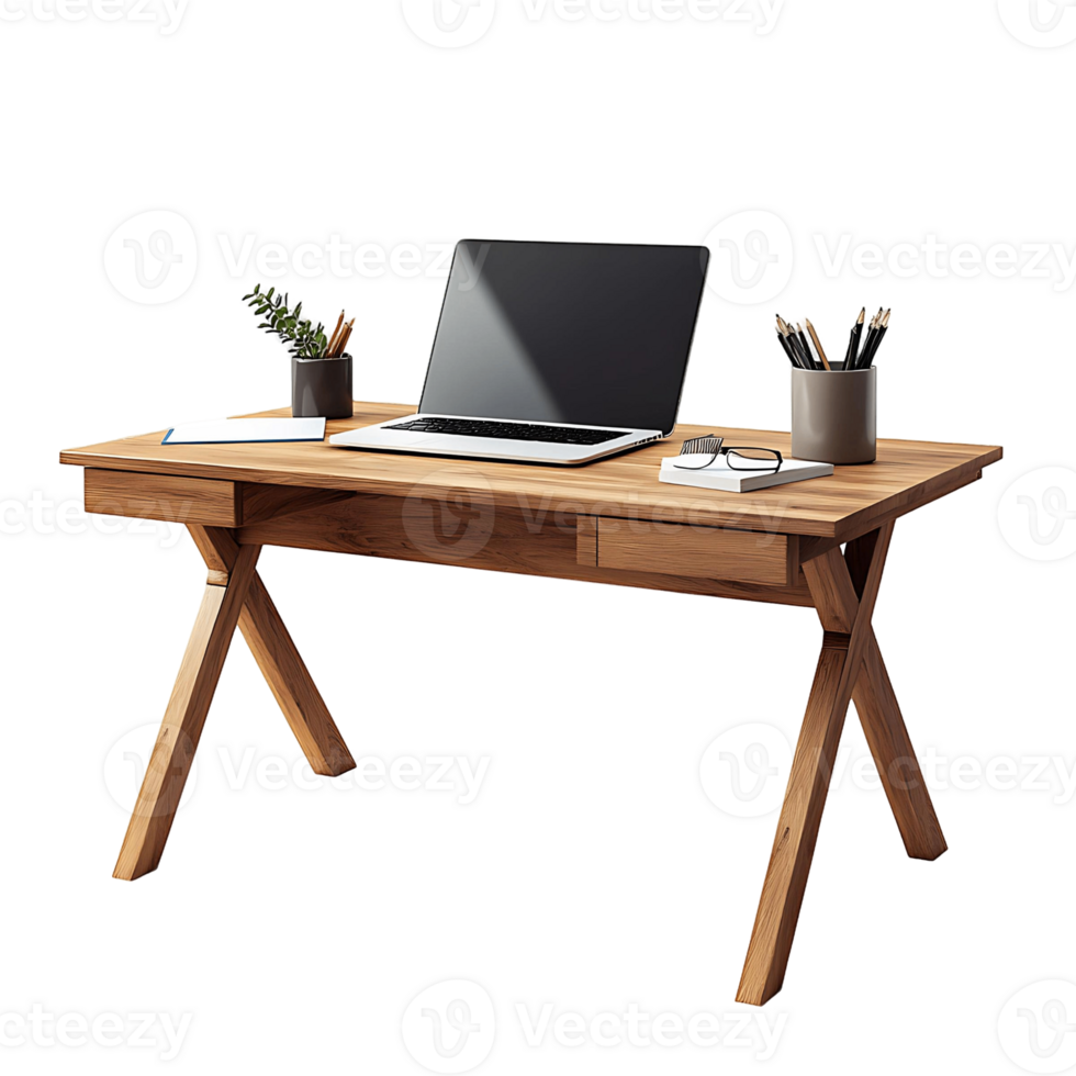 A wooden desk with a laptop, a pair of glasses, and a cup of pens png