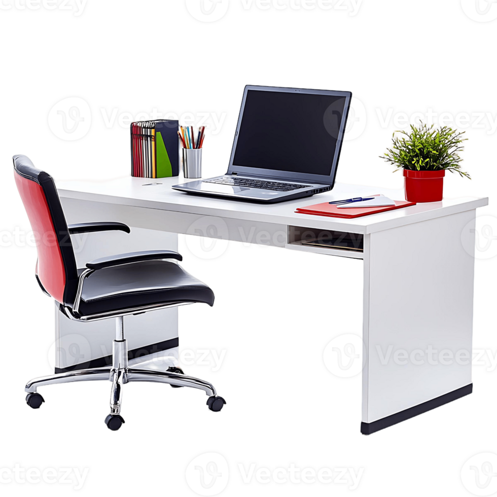 A white desk with a laptop and a potted plant png